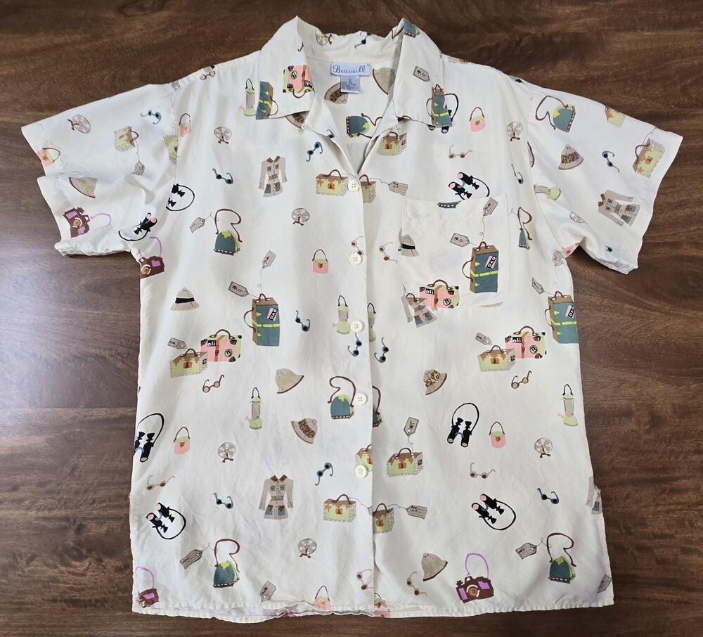Vintage Y2K Beausilk 100% Silk Shirt Large Cream Travel Print Camp Collar